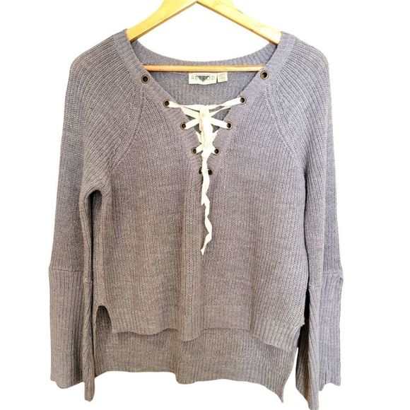 Retrod Knit Grey Soft Sweater with Ribbon Lacing and Bell Sleeves - Picture 1 of 10
